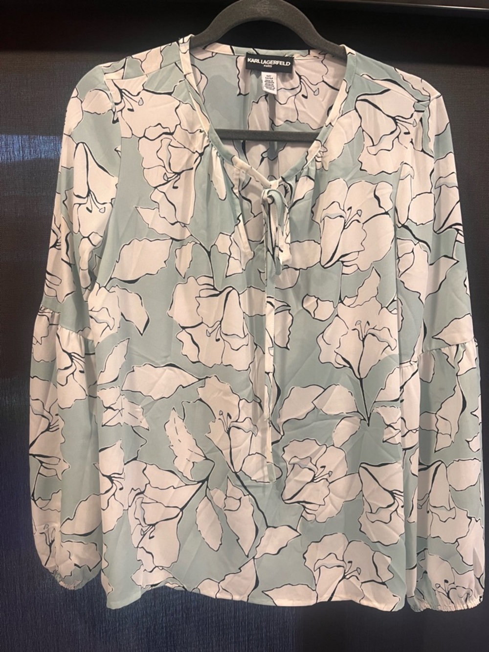 Karl Lagerfeld Mint Green and White Floral Tie-Neck Blouse